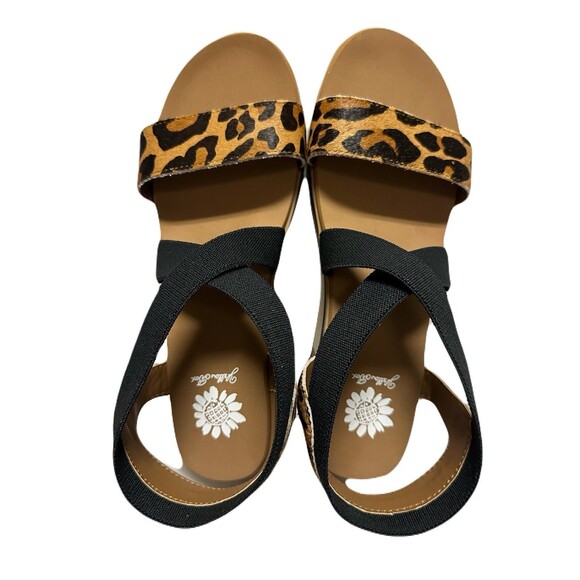 NEW Yellowbox Womens Size 7.5 Janalee Cow Hair Leopard Wedge Sandals Black Tan - Picture 5 of 9